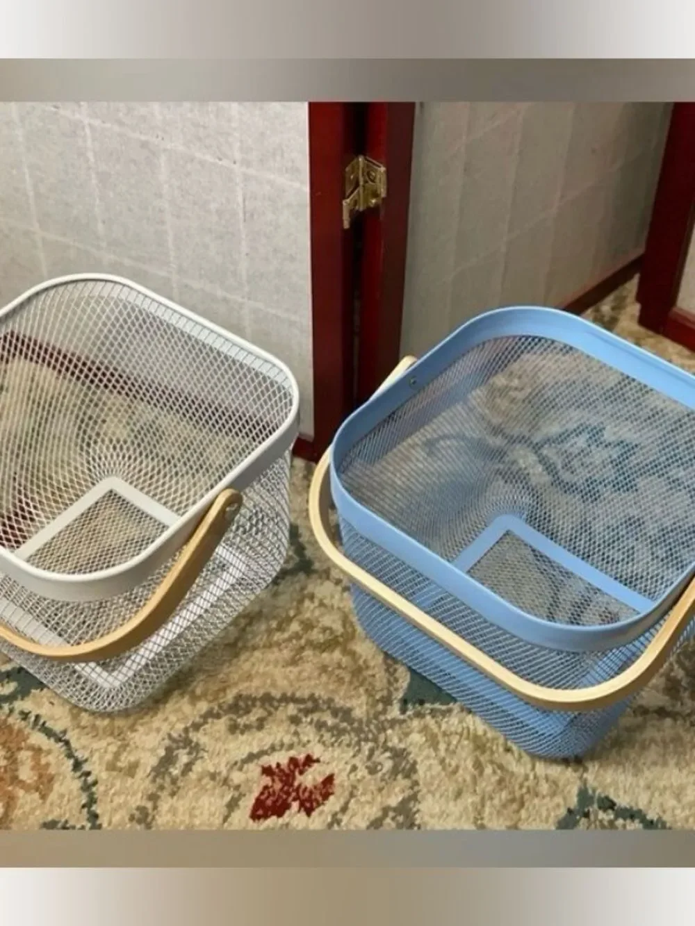 Blue & White Metal Storage Baskets with Natural Wood Handles - Home Accents